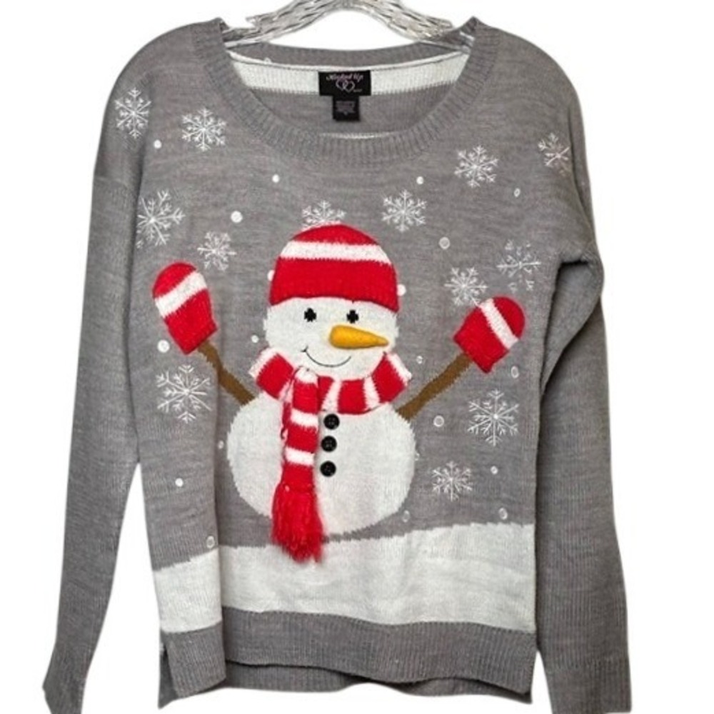 Festive Holiday Snowman Gray White Christmas Holiday Sweater Cute 3D Applique SM